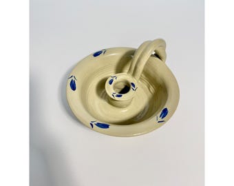 Williamsburg Pottery Blue Floral Salt Glazed Stoneware Chamberstick Holder