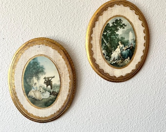 Pair of Vintage Florentine Italian Gold Wood Plaques With Art Prints