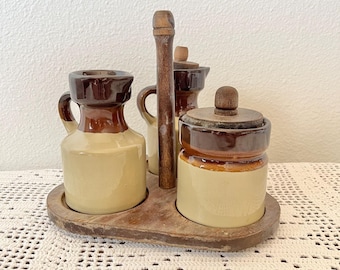 Rustic Country Stoneware Condiment Set - Three Vintage Canisters with Rustic Tray