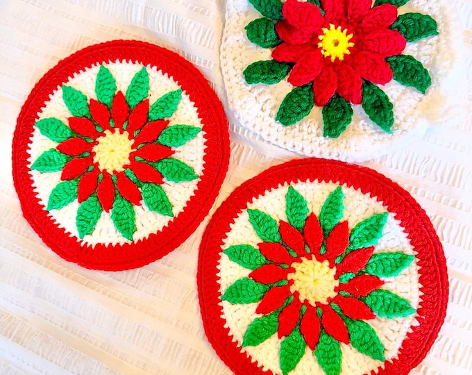 Vintage Hand Made Christmas Poinsettia Crochet Pot Holder Set of Three