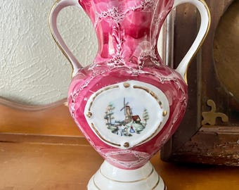 Vintage Old Rococo Style Italian Vase with Windmill Scene and Gold Trim \ Made in Italy