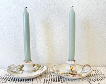 Vintage Pair of Porcelain Floral Candlestick Holders