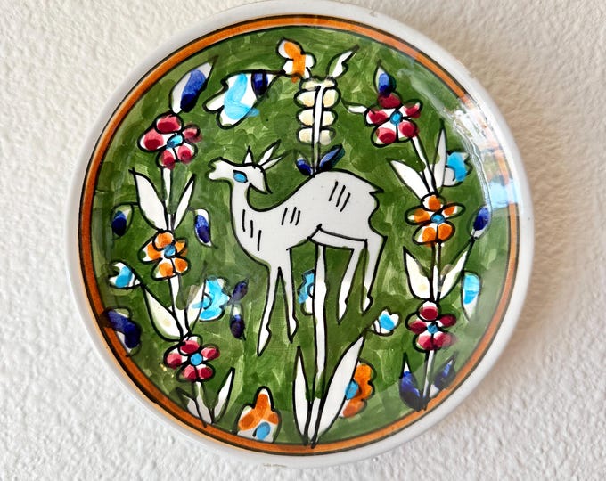 Vintage Hand-Painted Deer Floral Plate Made in Jerusalem