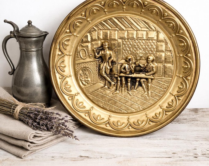 Vintage Embossed Brass/Metal Hanging Wall Plate - Made in England