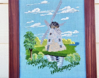 1970’s Dutch Windmill Embroidery Crewel Art