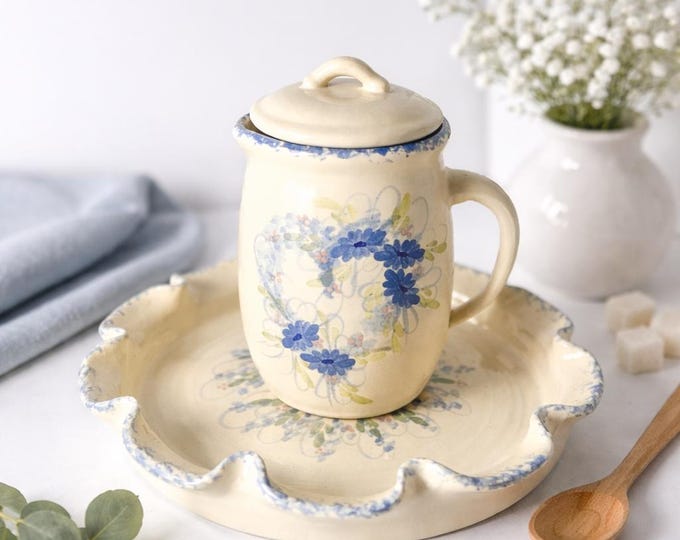 East Texas Marshall 90's Blue Floral Pottery Ceramic Pitcher and Serving Tray Set