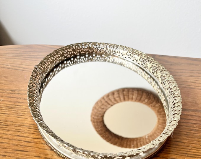 Featured listing image: Vintage Brass Floral Filigree Mirrored Vanity Tray Vintage Art Noveau Mirrored Tray Vintage Brass Tray
