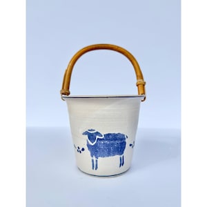 J. Kemper Studio Pottery Sheep Bucket Cobalt Blue Stoneware Bamboo Handle 1987