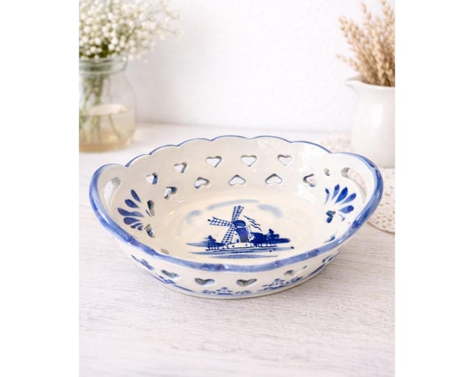 Vintage Delft Blue and White Trinket Dish with Reticulated Hearts