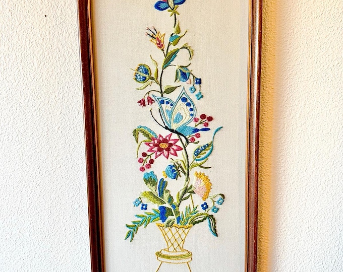 Featured listing image: Framed Vintage Crewel Embroidery Art | Floral Retro Crewel