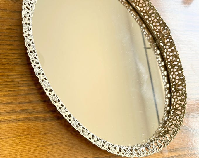 Featured listing image: Vintage Brass Floral Filigree Mirrored Vanity Tray