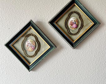 1950s Framed Fragonard Porcelain Medallion with Brass Detail | Victorian Diamond Shape Frame-Vintage Wall Decor - Gallery Wall Art