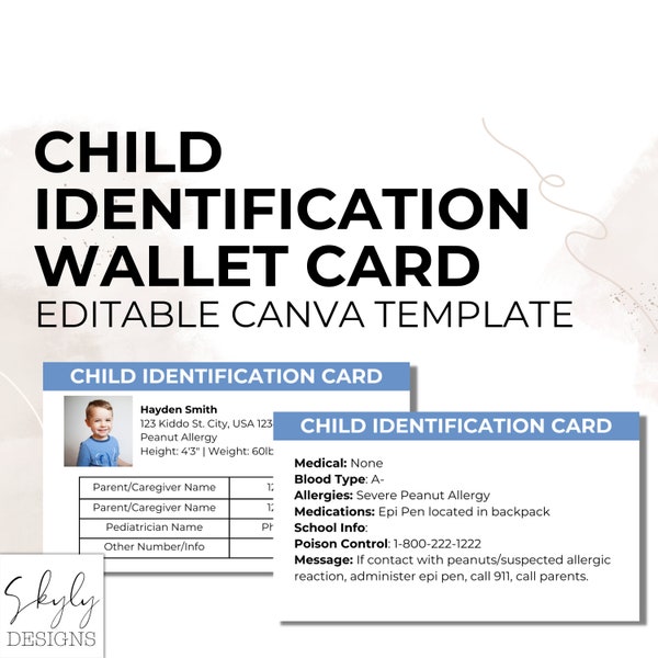 Printable Child Identification Card | Editable Child ID Card Template | Kids ID Card | Child Medical Card | Canva Template