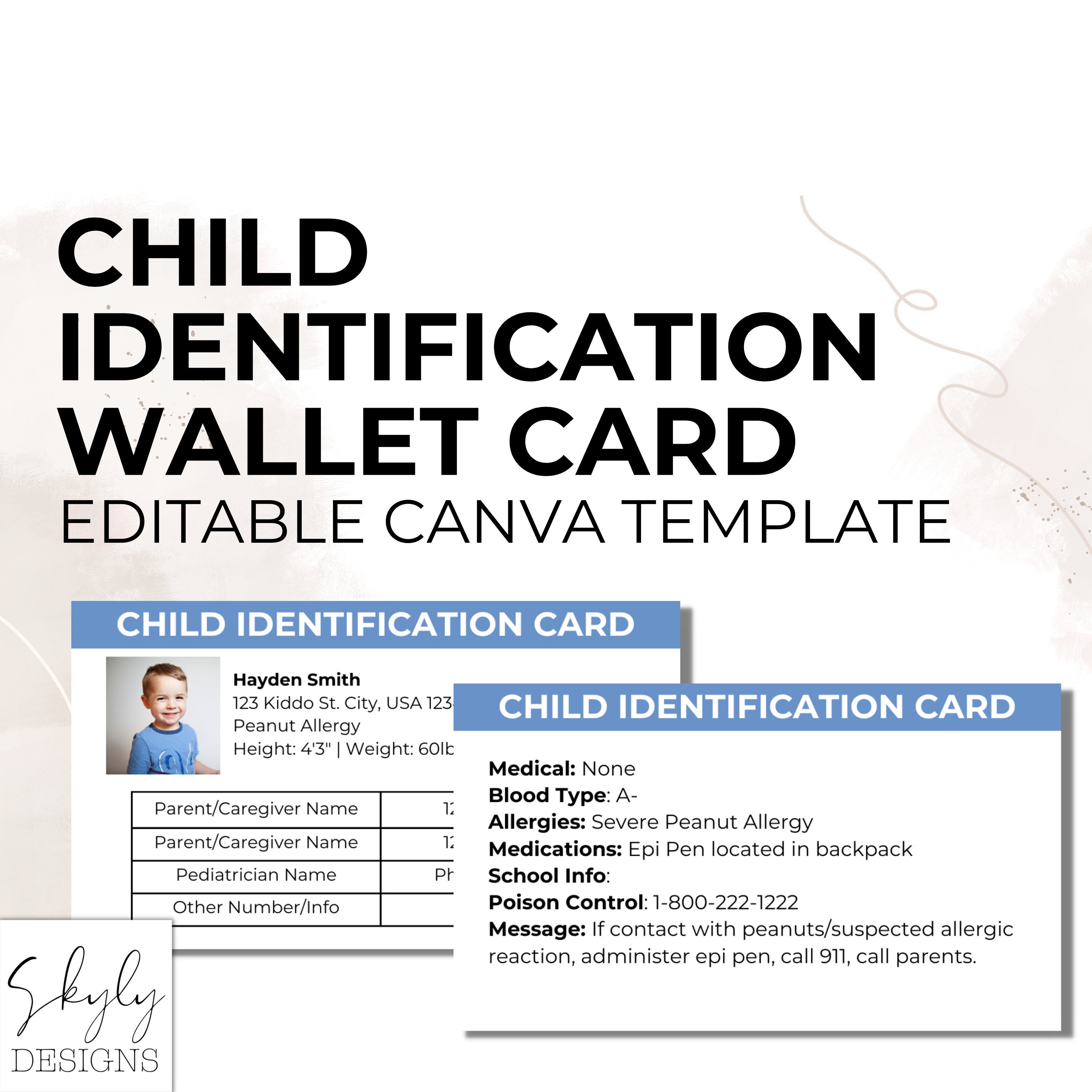 Printable Child Identification Card Editable Child ID Card Template Kids ID Card Child Medical