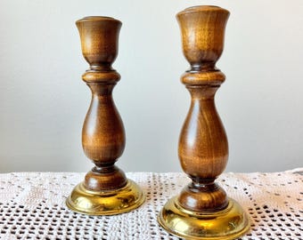 Vintage Pair of Hand Turned Wooden and Brass Candlestick Holders