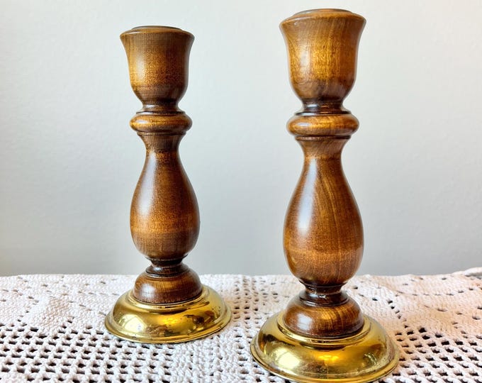 Featured listing image: Vintage Pair of Hand Turned Wooden and Brass Candlestick Holders