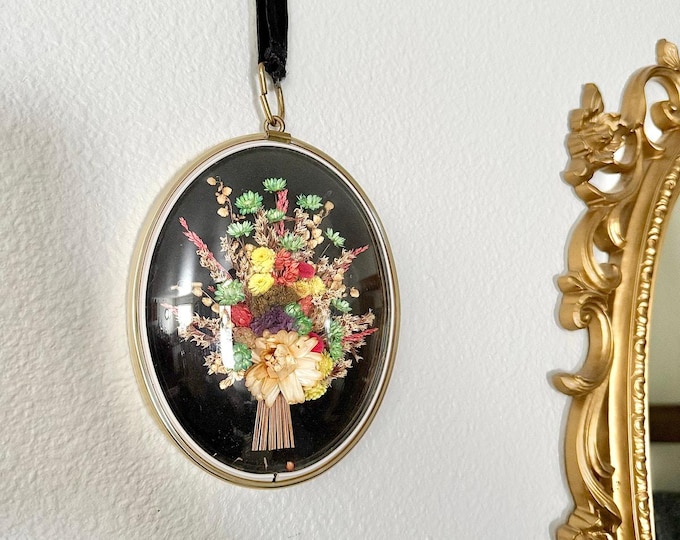 Vintage Belgium Dried Flower Convex Glass Wall Art