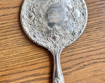Antique Victorian Silver Plate Hand Mirror Roses Design - 9"