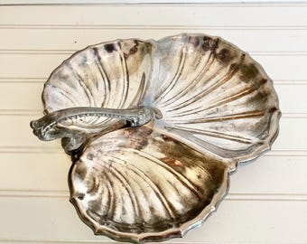 Vintage Silver Plate Shell Serving Platter with Handle