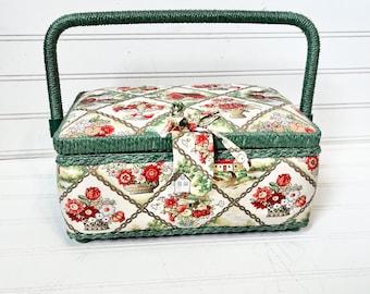 Vintage Green, White, and Red Country Farm Wicker Sewing Basket