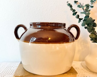 Large Stoneware Two Toned Brown and Beige Bean Crock