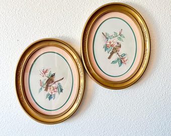 Pair of Vintage Homeco Bird and Magnolia Prints in Gold Oval Frames