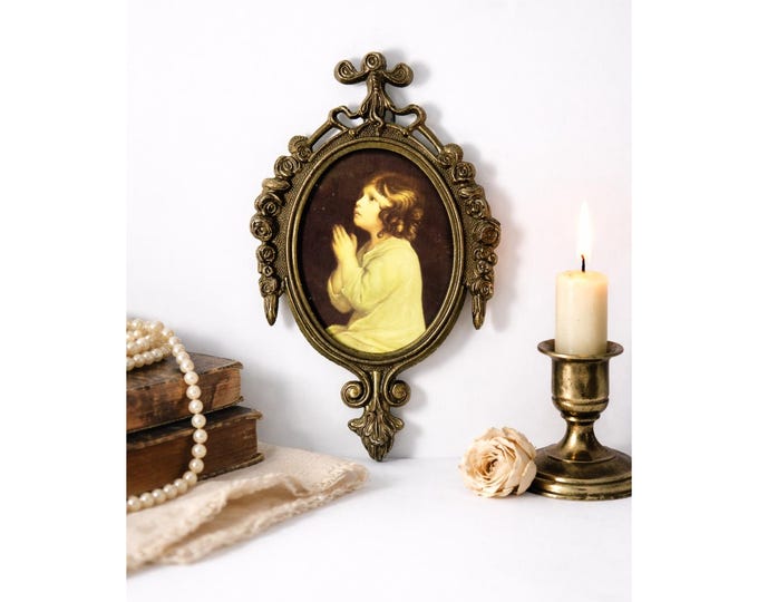 Vintage Italian Ornate Brass Oval Frame with Praying Child Print