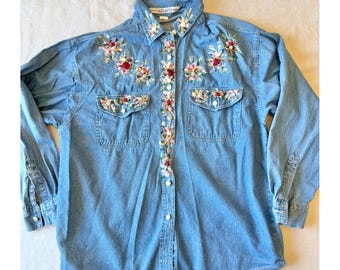 Absolutely At Last Authentic Vintage Hand Painted Floral Denim Blouse Medium