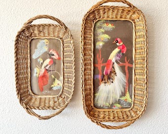 Vintage 1940s–50s Mexican Hand-Painted Tropical Bird Tray with Applied Feathers – Wood Art Under Glass in Rattan Frame – Wall Hanging Decor