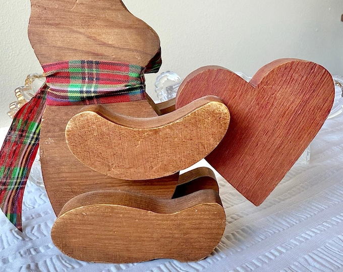 Vintage Handmade Wooden Teddy Bear Figure with Holiday Bow