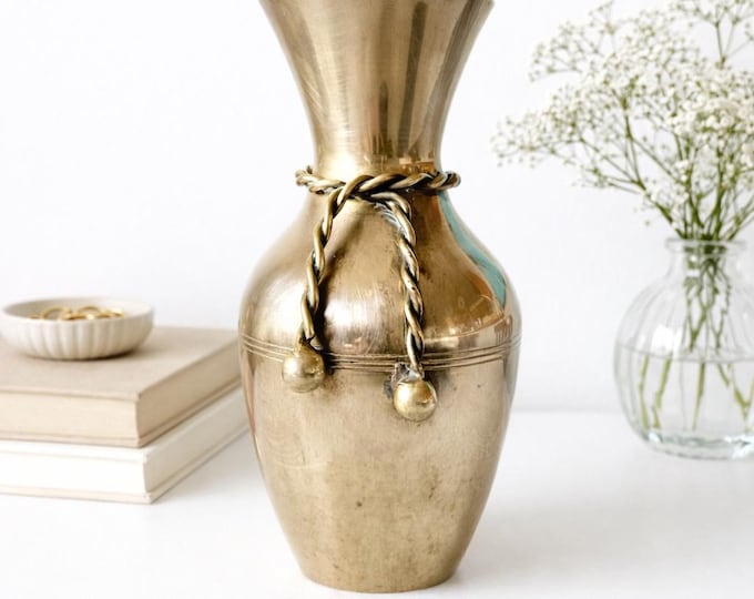 Vintage Brass Vase with Rope Tassel Detail - 7"