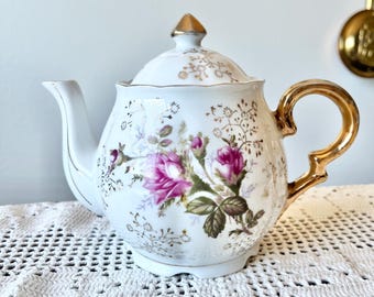Japanese Pink and Blue Floral Tea Pot with Gold Trim Details