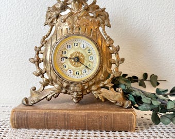 Antique Victorian Westclox Cast Iron Mantle Cherub Clock Circa 1906
