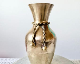 Vintage Brass Vase with Rope Tassel Detail - 7"