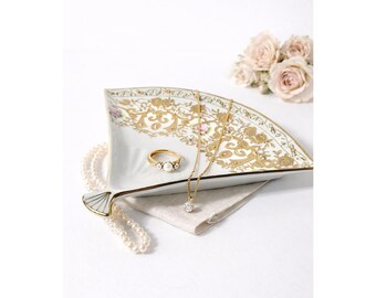 Porcelain Fan Ring Dish with Gold Trim and Floral Details