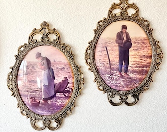 Pair of Large Vintage Oval Bubble Glass Brass Frame Man and Woman Farmers | Ornate Oval Brass Frame