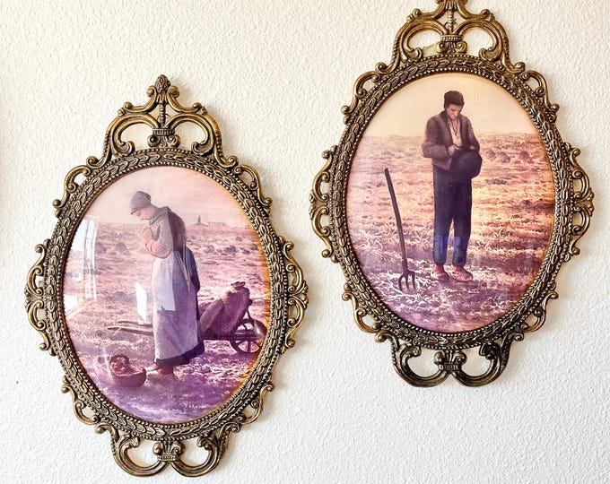 Featured listing image: Pair of Large Vintage Oval Bubble Glass Brass Frame Man and Woman Farmers | Ornate Oval Brass Frame