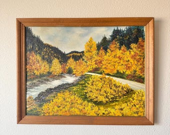 1974 Vintage Oil Painting Autumn Orange and Yellow Trees Woods Scene