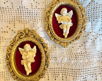 Vintage Set of 3D Cherub Wall Plaques with Ornate Gold Resin Frames and Felt Background