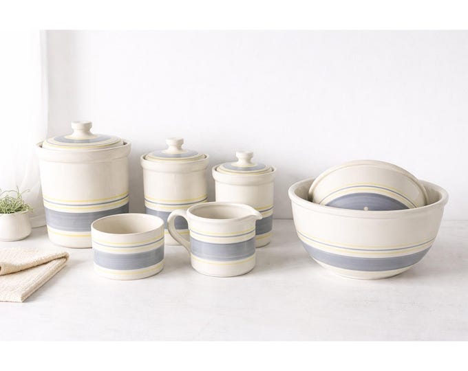 Vintage Mt. Clemens Pottery Striped Kitchen Canister & Bowl Set