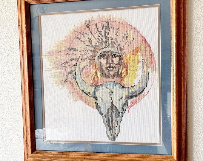 Hand Made Native American Cross-Stitch Art in Wooden Frame