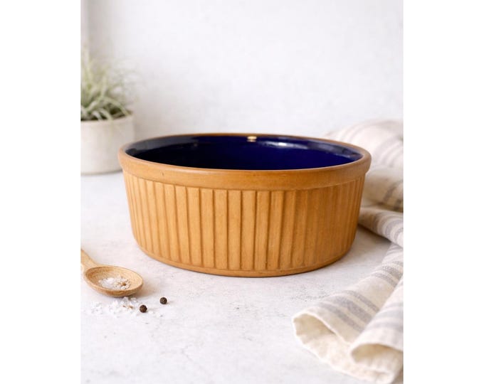 Ribbed Terracotta Souffle Dish with Cobalt Glazed Interior