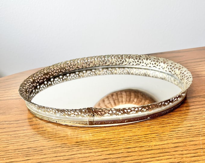 Featured listing image: Vintage Brass Floral Filigree Mirrored Vanity Tray Vintage Art Noveau Mirrored Tray Vintage Brass Tray
