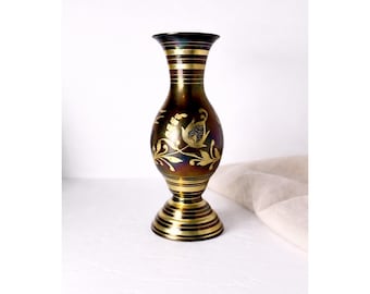 Vintage Solid Brass Floral Etched Indian Vase