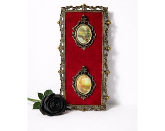 Vintage Italian Brass Ornate Framed Art with Red Velvet Backing