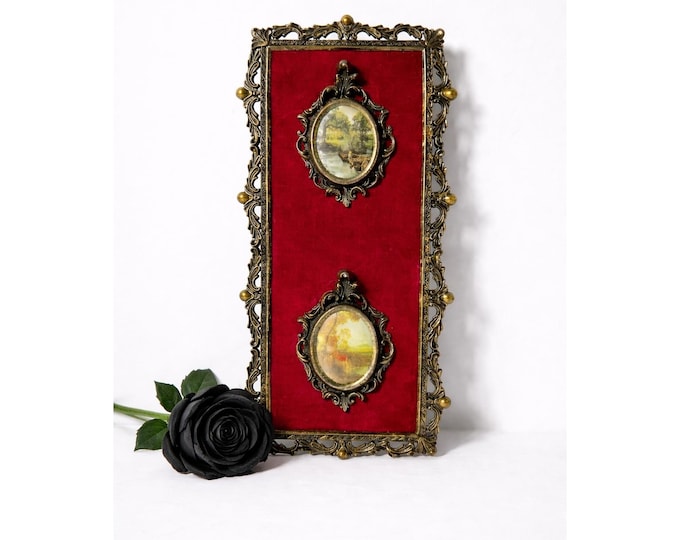 Vintage Italian Brass Ornate Framed Art with Red Velvet Backing