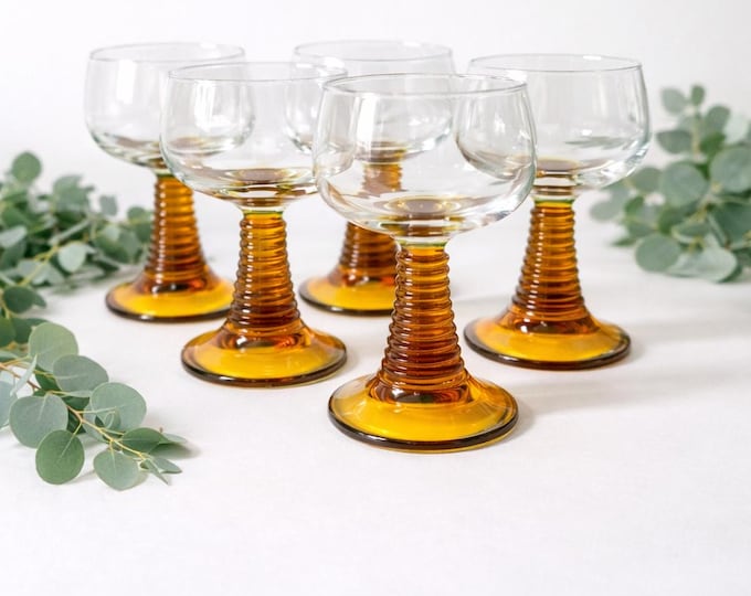 Vintage Luminarc France Beehive Amber Stem Glasses - Set of 6