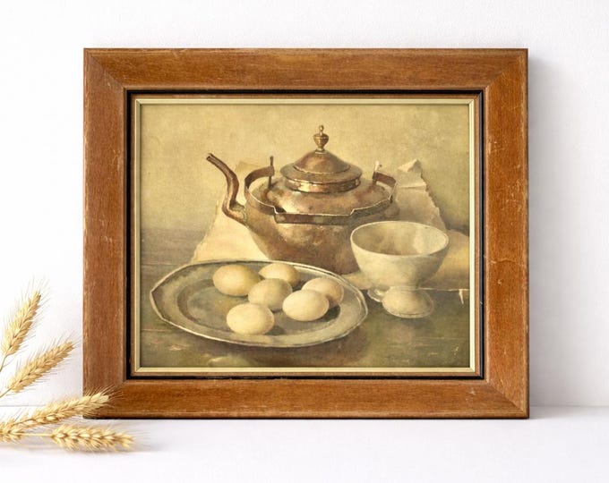 Vintage Henk Bos Still Life Lithograph Reproduction | Teapot & Eggs Kitchen Art in Wood Frame
