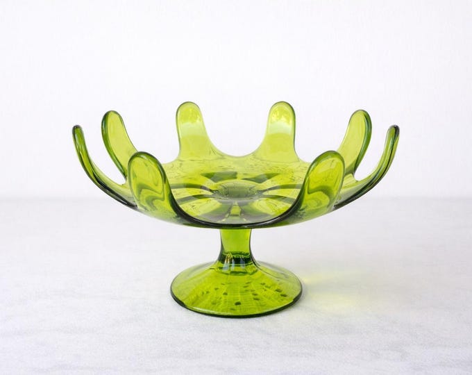 Vintage Viking Green Glass Pedestal Bowl: MCM 8 Petal Dish
