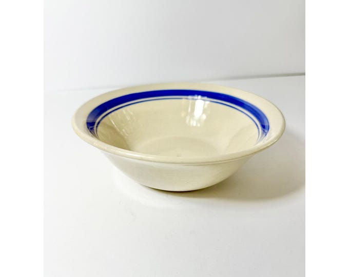 Vintage Stoneware Serving Bowl with Navy Blue Trim